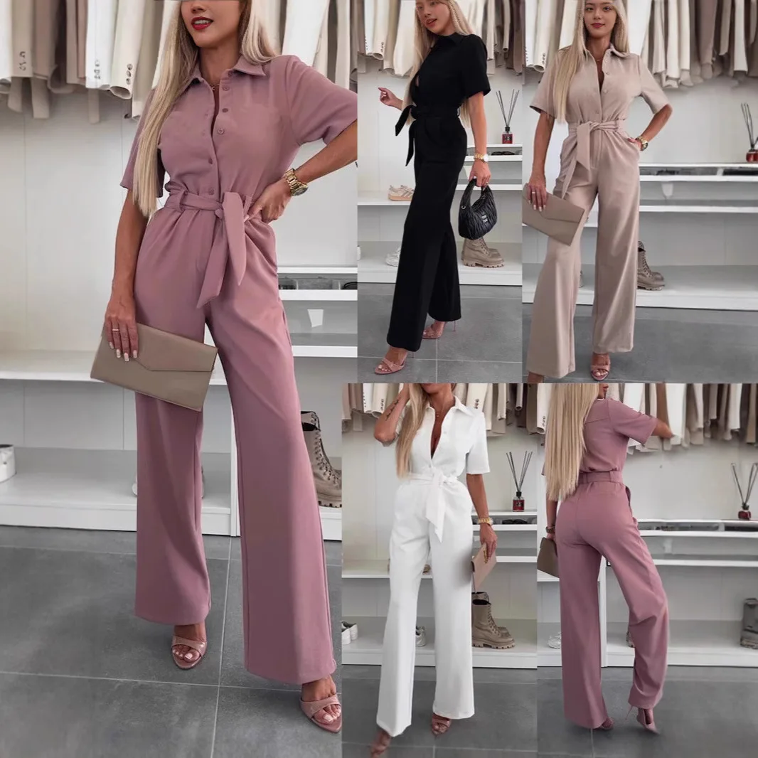 

Lapel Short-sleeved Strappy Jumpsuit 2026 Spring And Summer Temperament Casual Fashion Women's Solid Color Button Jumpsuit