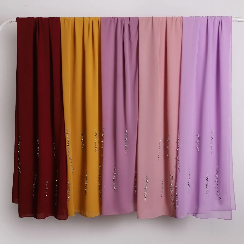 Rhinestone Imitation Pearl Chiffon Hijab Shimmer Beads Lightweight Malaysia Shawl Scarf Breathable Elegant Soft Head Wrap Women