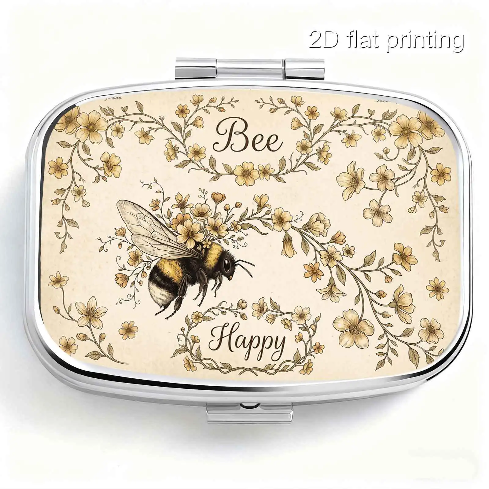 Flat Printing, Portable Mini Double-Compartment Pill Box, Simple Bee and Floral Retro Border Print, Travel Medicine Storage Box, Sealed and Moisture-Proof, Capsule Vitamin Storage Box, Portable Small Pill Box