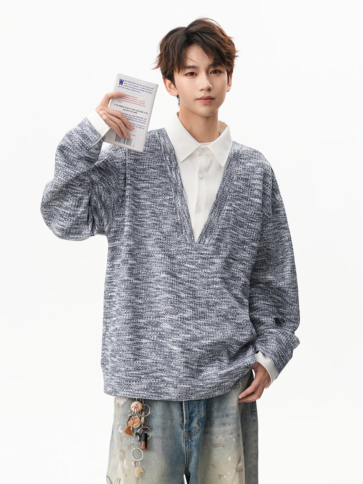 2025 Spring and Autumn New Fake Two-Piece Shirt Collar Light Gray Knitted Sweatshirt Men's Loose Casual Dark Gray Top