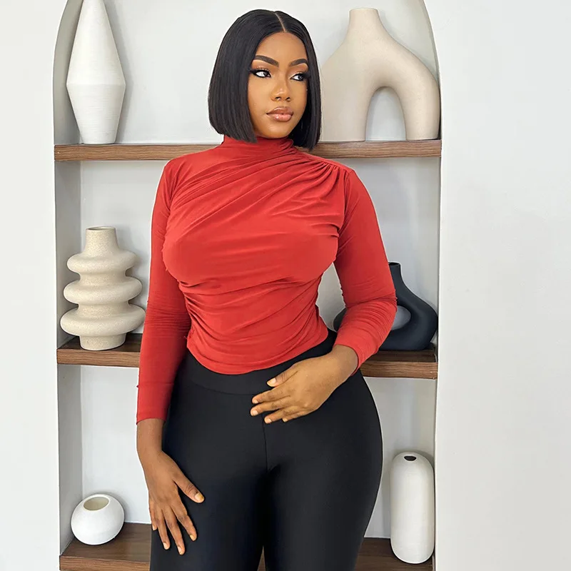 

Casual round Ne Long Sve T-irt Women's Pure Color Pleated Slim Fit Top Summer Season Other Material Stand Collar