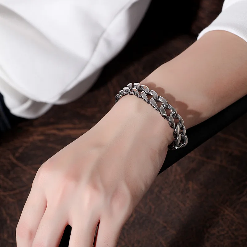 Pure silver bracelet for men's Korean version trendy men's simple woven wide version retro domineering bold hip-hop hairstylist