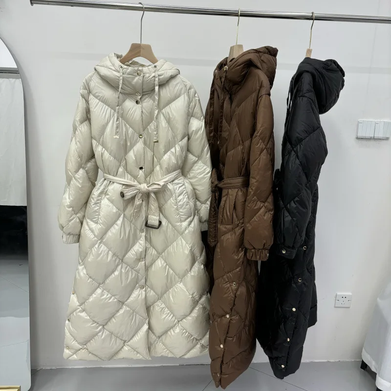 Schinteon Women White Duck Down X-Long Jacket Autumn Winter Warm Office Lady Outwear with Hood Belt Argyle Fashionable Coat 2025