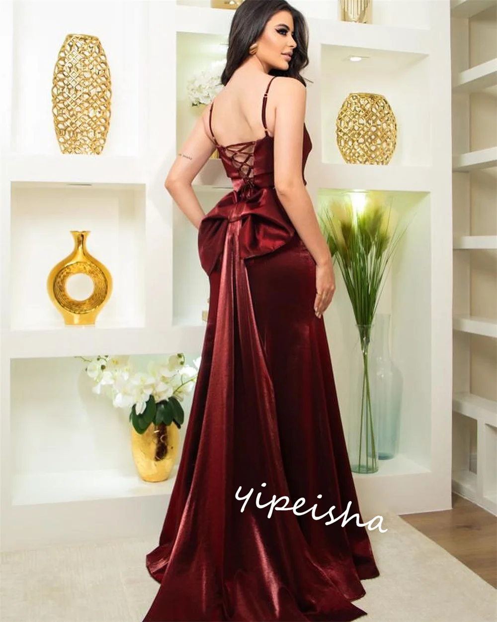 Velour Draped Bow Formal Evening A-line Spaghetti Strap Bespoke Occasion Gown Long Dresses