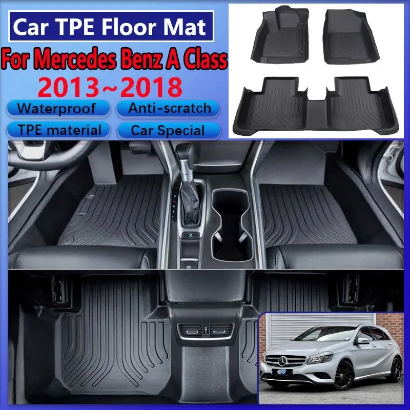 Car Floor Mat For Mercedes Benz A Class W176 AMG 2013~2018 TPE Waterproof Dirty Resistant Carpet Cover Full Foot Pad Accessories