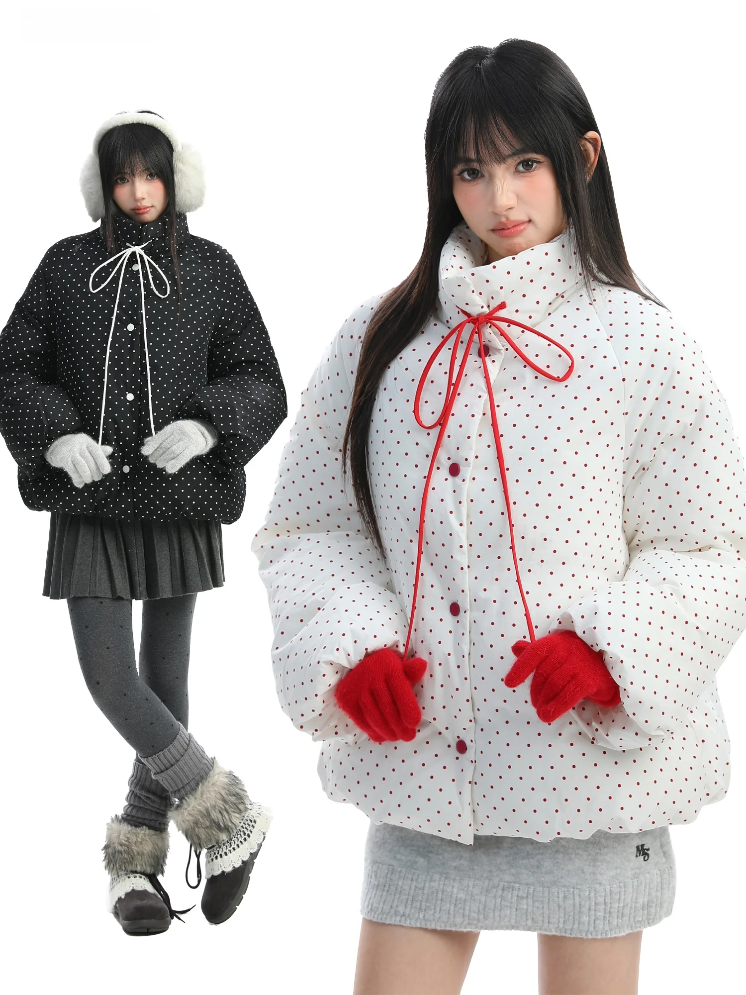 

Thiened Cotton Jaet Women's Winter College Sle Polka Dot Print Warm Coat ort Size Sweet Sle Loose Fit Zipper Closure