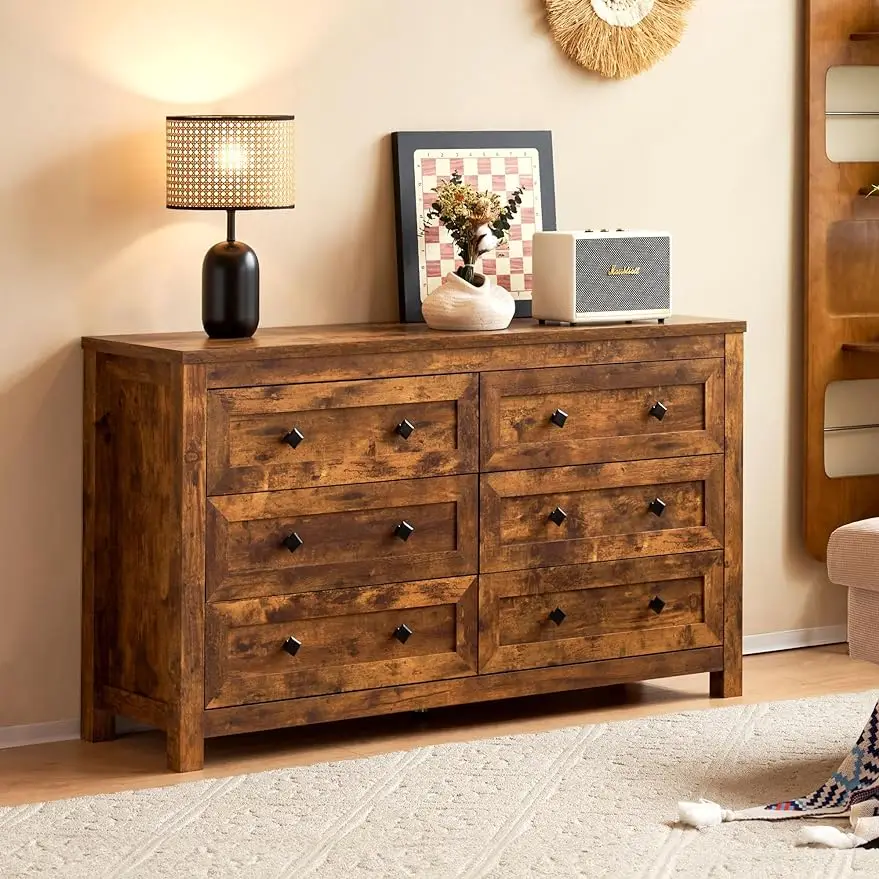 

Farmhouse Wood Chest of 6 Drawers with Vintage Grain Texture, Double Dresser for Bedroom, Living Room, Hallway, Rustic Brown