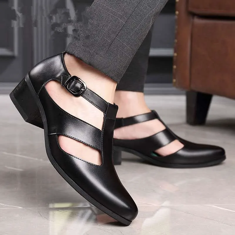 Mens Genuine Leather High Heel Dress Sandals Daily Business Office Work Sandals Trendy Hollow Pointed Toe Buckle Sandals204