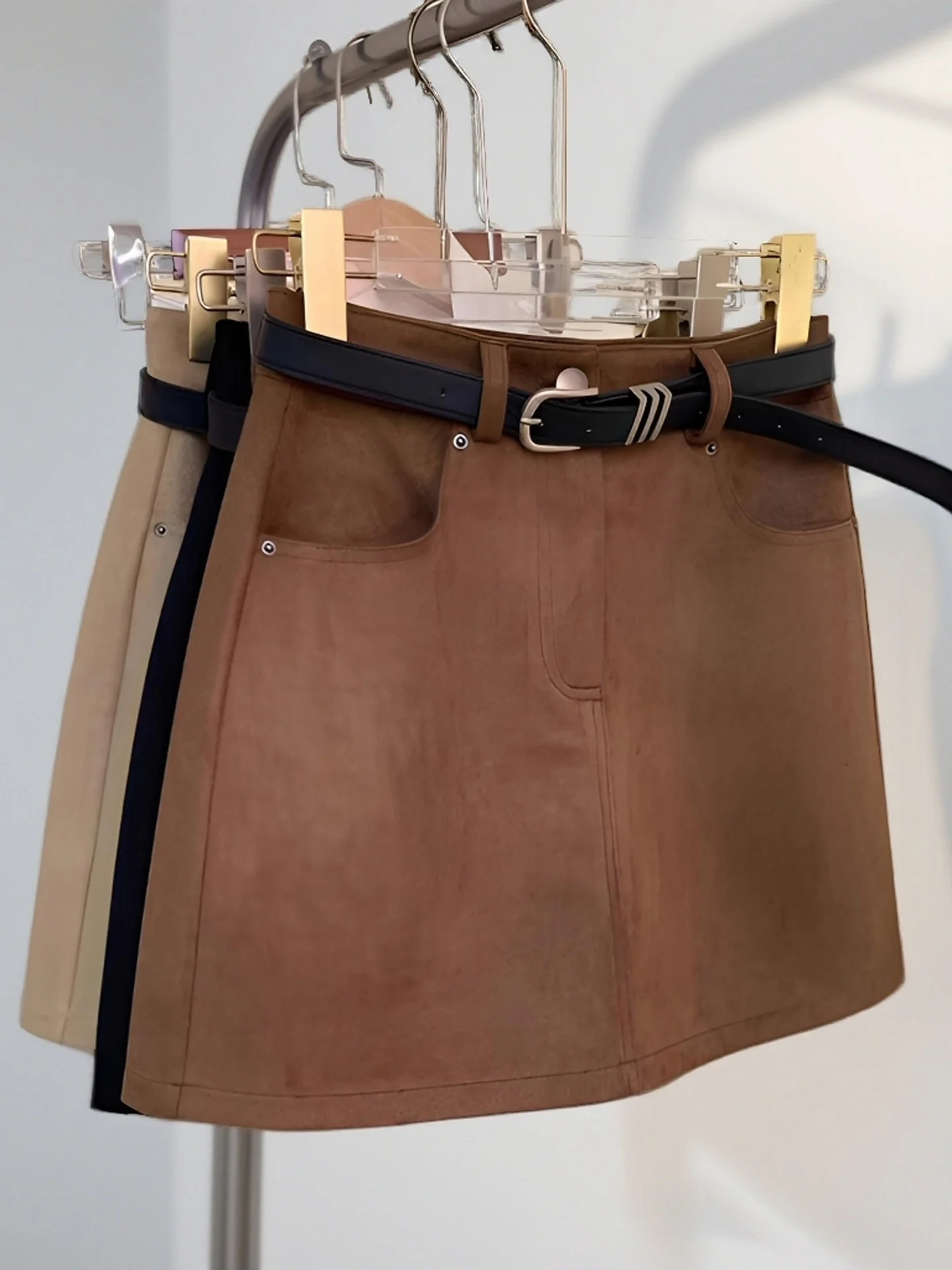 American Style High Waist Deer Skin Velvet A-Line  Skirt Women's Fashion Retro All-Match Short Skirt Wrap around Skirt