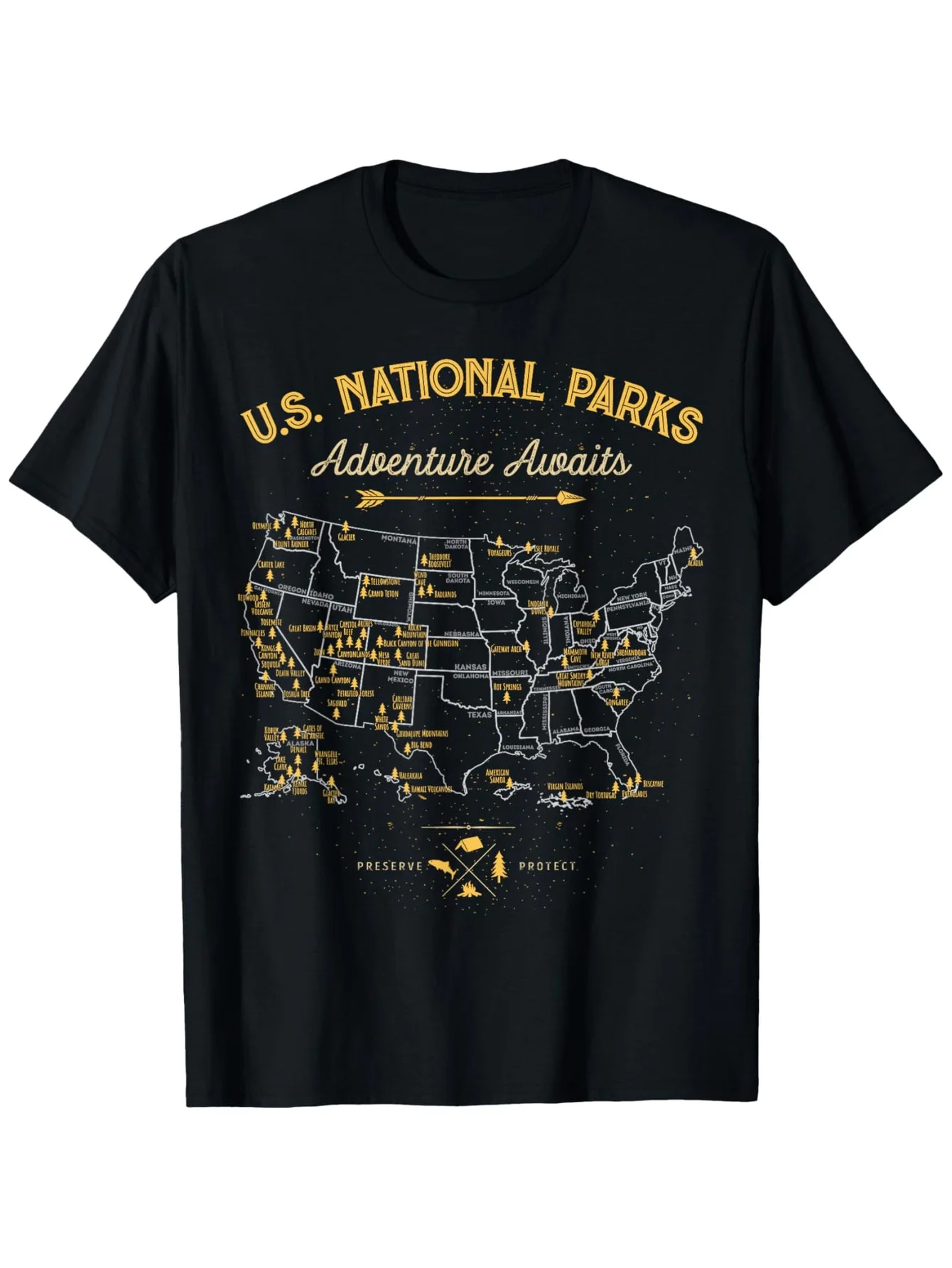 

63 US National Parks Map T-Shirt - Retro Camping/Hiking Tee, Cotton, Outdoor Adventure Gift