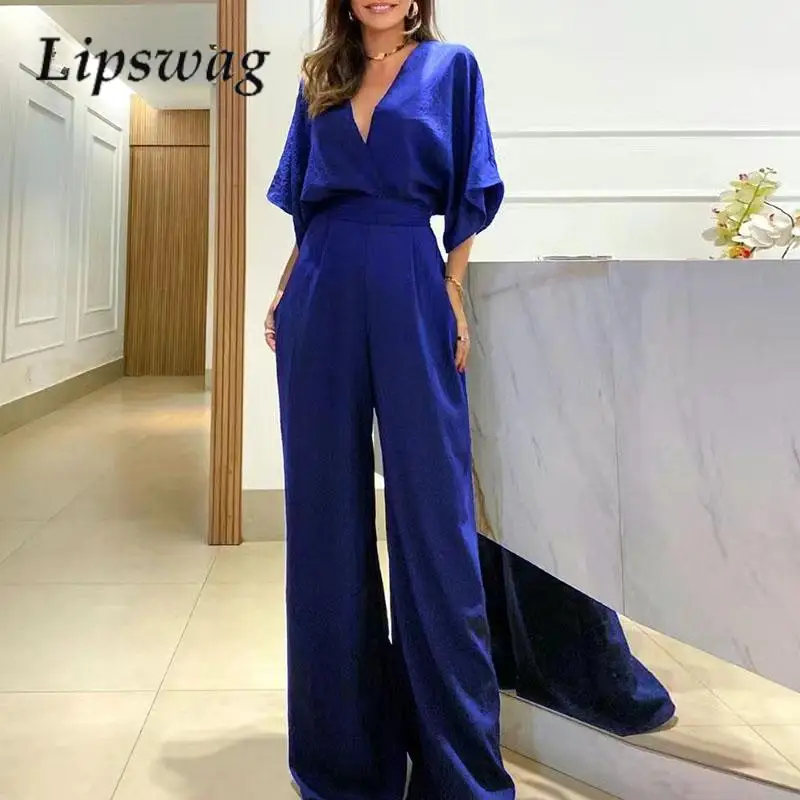 Women Sexy Backless Lace-Up Sportswear Casual Half-Sleeve Solid Party Jumpsuit Office Elegant Deep V-Neck Slim-Fit Long Jumpsuit