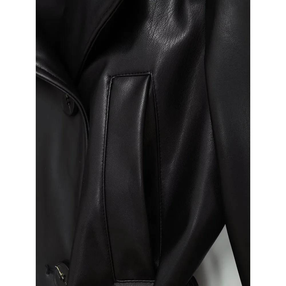 Women's Stylish Black Short Faux Leather Trench Coat with Tied Self-belt Fall Belted Outwear with Shoulder Pads and Sleeve Tabs