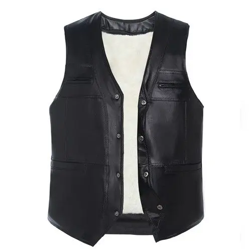 

Winter 2023 Genuine Leather Men's Motorcycle Vest V Neck Sleeveless Faux Leather Jacket Windproof Extra Warm Waistcoat Coat M13