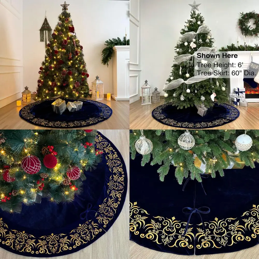 

Королевская синяя бархатная юбка в виде рождественской елки с золотой дамасской вышивкой и плюшевыми кружевными галстуками, 60 дюймов