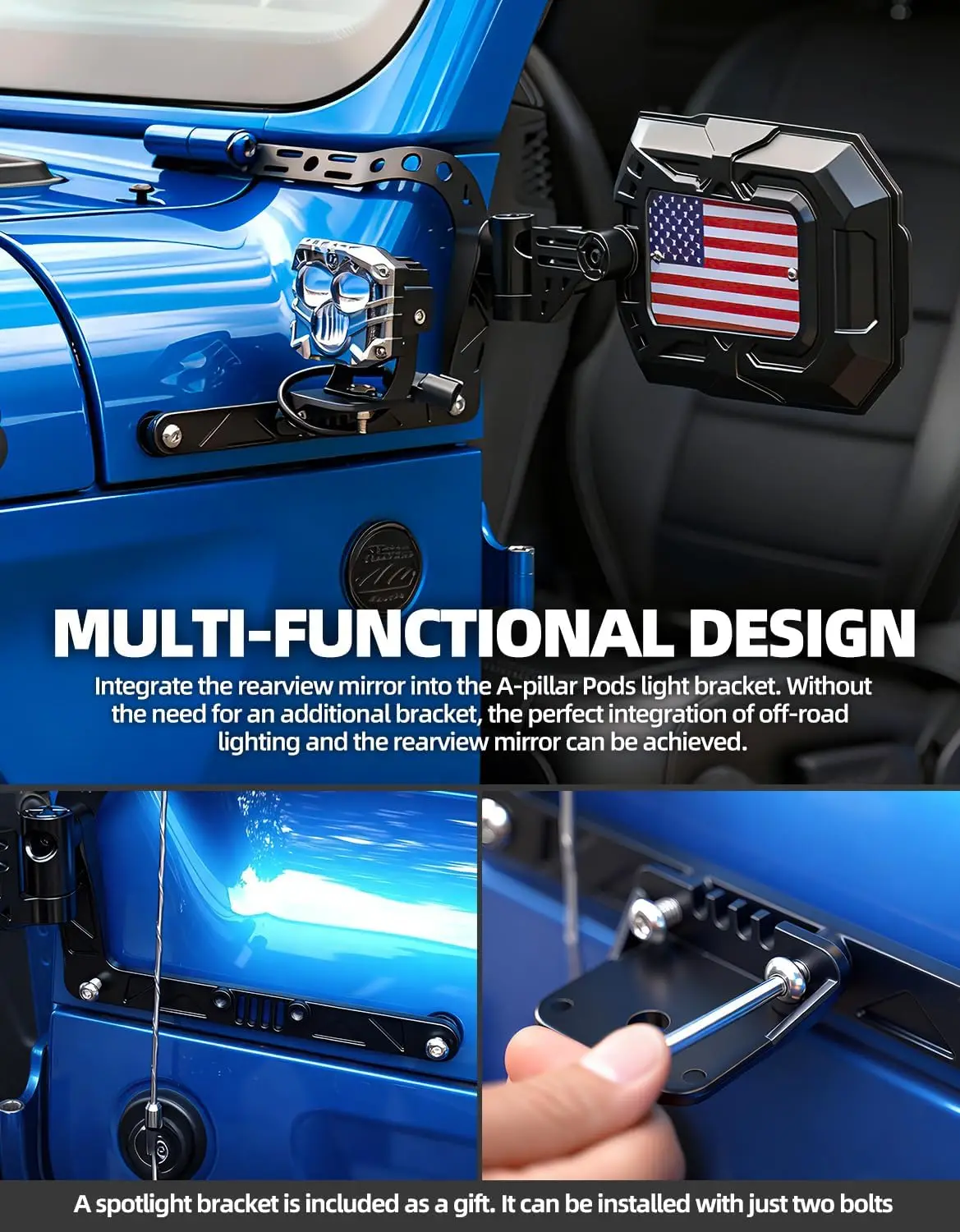 All-Metal Wrangler Mirrors Doors-Off Compatible with Wrangler JL JLU Gladiator JT 2018-2025(Not for 4xe), Aluminum