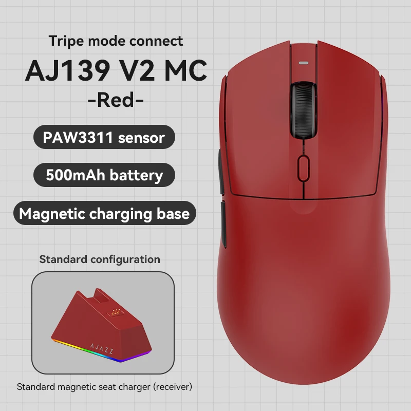 AJAZZ AJ139 V2 MC PAW3311 Kabellose Gaming-Maus mit magnetischer RGB-Ladestation, 24000 DPI, Bluetooth/kabelgebundene Mäuse, PC-Gamer