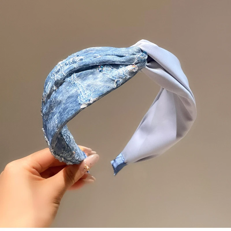 Vintage Embroidery Sequin Blue Denim Cross Hairband Hair Hoop Elegant Hair Ornament Outdoor Headband Hair Band Hair Accessories