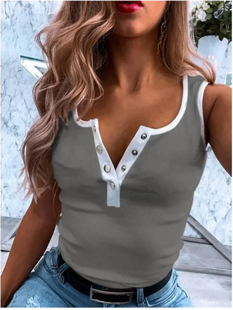 GELITAYIN Nice Women Sleeveless Button Trendy Vest T-shirt Solid Color V-neck Summer Casual Tank Top Fashion Women's Top