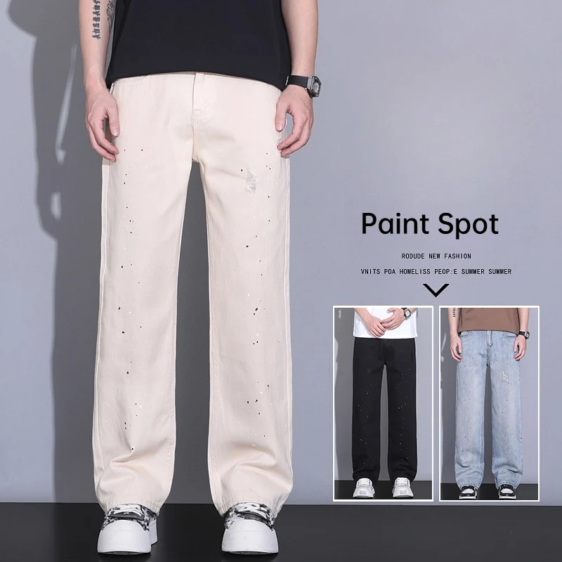 

Men's 100% Cotton Jeans Fashionable Paint Dot Straight Long Pants Comfortable Streetwear Wide Leg Y2k Loose Denim Trousers