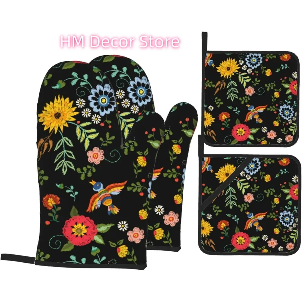 Mexican Floral Oven Mitts and Pot Holders Sets of 4, Country Style Cooking Gloves Non-Slip Heat Resistant Polyester Oven Mitts f