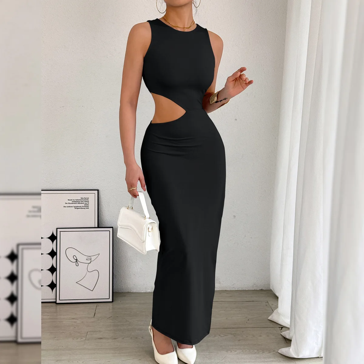

Sexy Long Svel Hollow out Split Dr Women's Faion Tight Fit Bodycon Dr Milk Fiber Material Square Collar Thiened