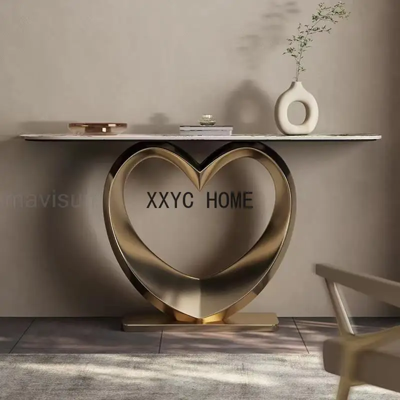 Light Luxury Table For Living Room Rock Slab Countertop Entrance Hall Furniture Heart-Shaped Stainless Steel Base Console Table