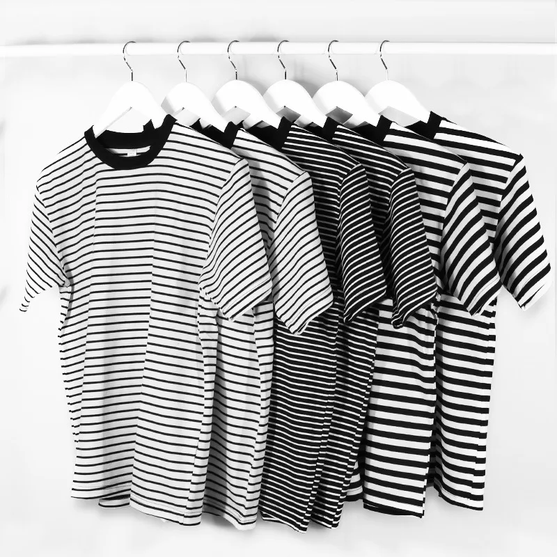 

Summer New Fashion Striped T-shirt Men's Basic All-match Cotton Short-sleeved Black White Retro Loose Casual Pullover Breton-Top