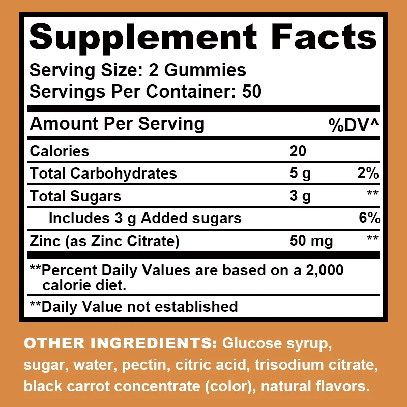 Zinc 50mg Gummies - Supports Healthy Skin, Nails and Hair and Boosts Immunity