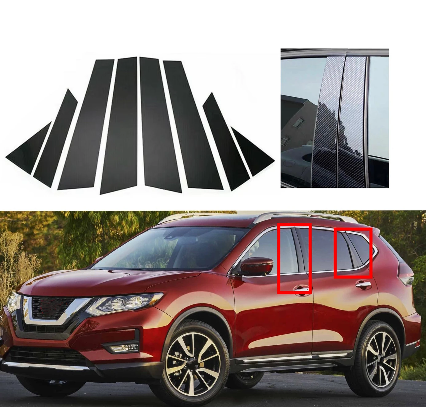 

8Pcs Gloss Black Silver Carbon Pillar Posts Cover Fit For Nissan X-Trail Rogue T32 2014-2020 Door Window Moulding Trim Sitcker