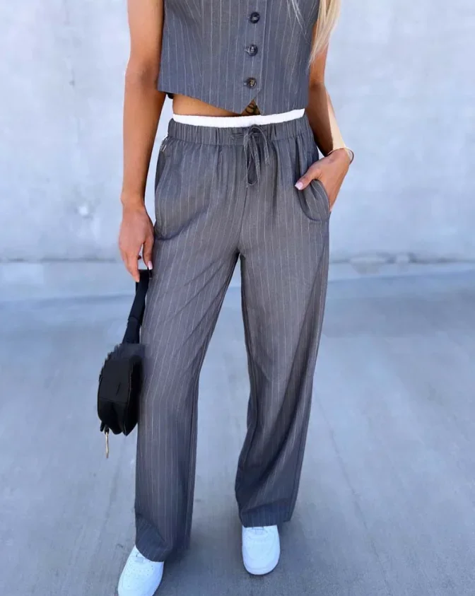 CPSYMYM 두 조각 세트 여성 복장 봄 줄무늬 v 넥 민소매 두꺼운 스트랩 탱크 묶인 세부 작업 스트레이트 바지 세트