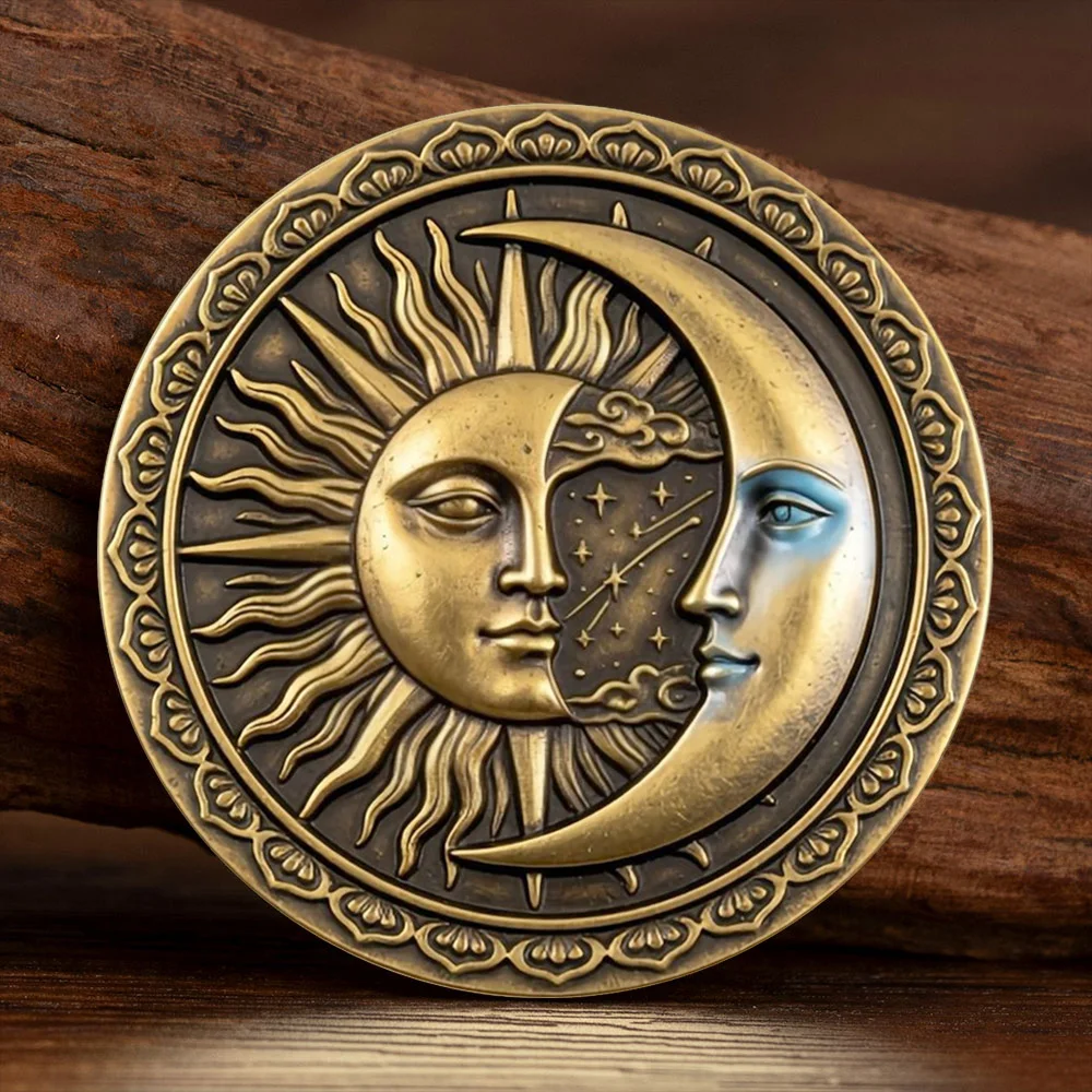 Vintage Sun & Moon God Bronze Plated Commemorative Coin 2D UV Tarot Collectible Challenge Coin Souvenir Gift