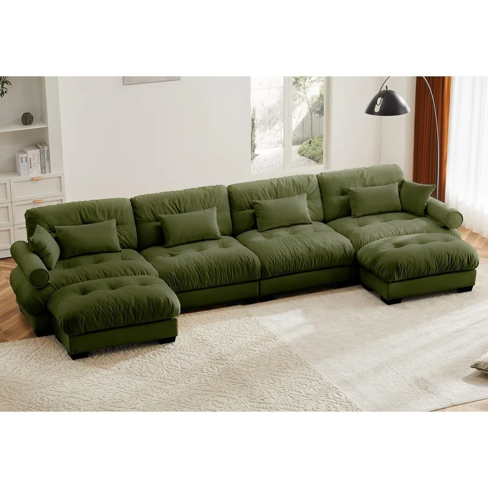 

166" Modular Sectional Sofa,Velvet Upholstered Couches for Living Room,4 Seater Green Sofa Couch with Deep Seat Movable Ottoman