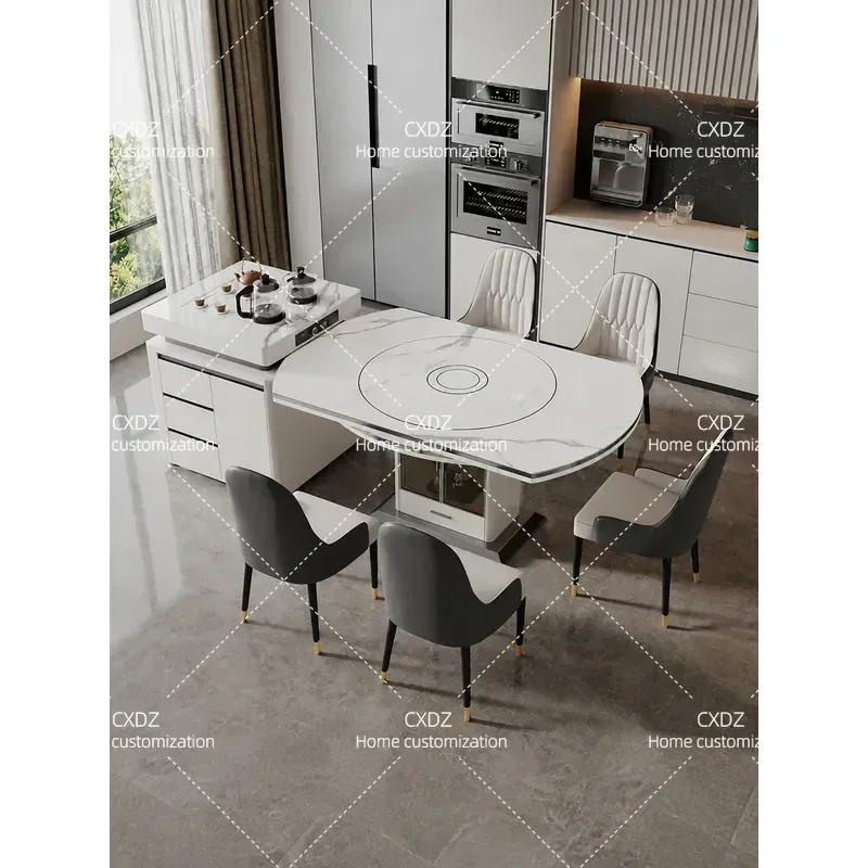 Round Island Dining Table and Chair Set with Built-in Turntable Induction Cooker Retractable Sintered Stone Kitchen Furniture