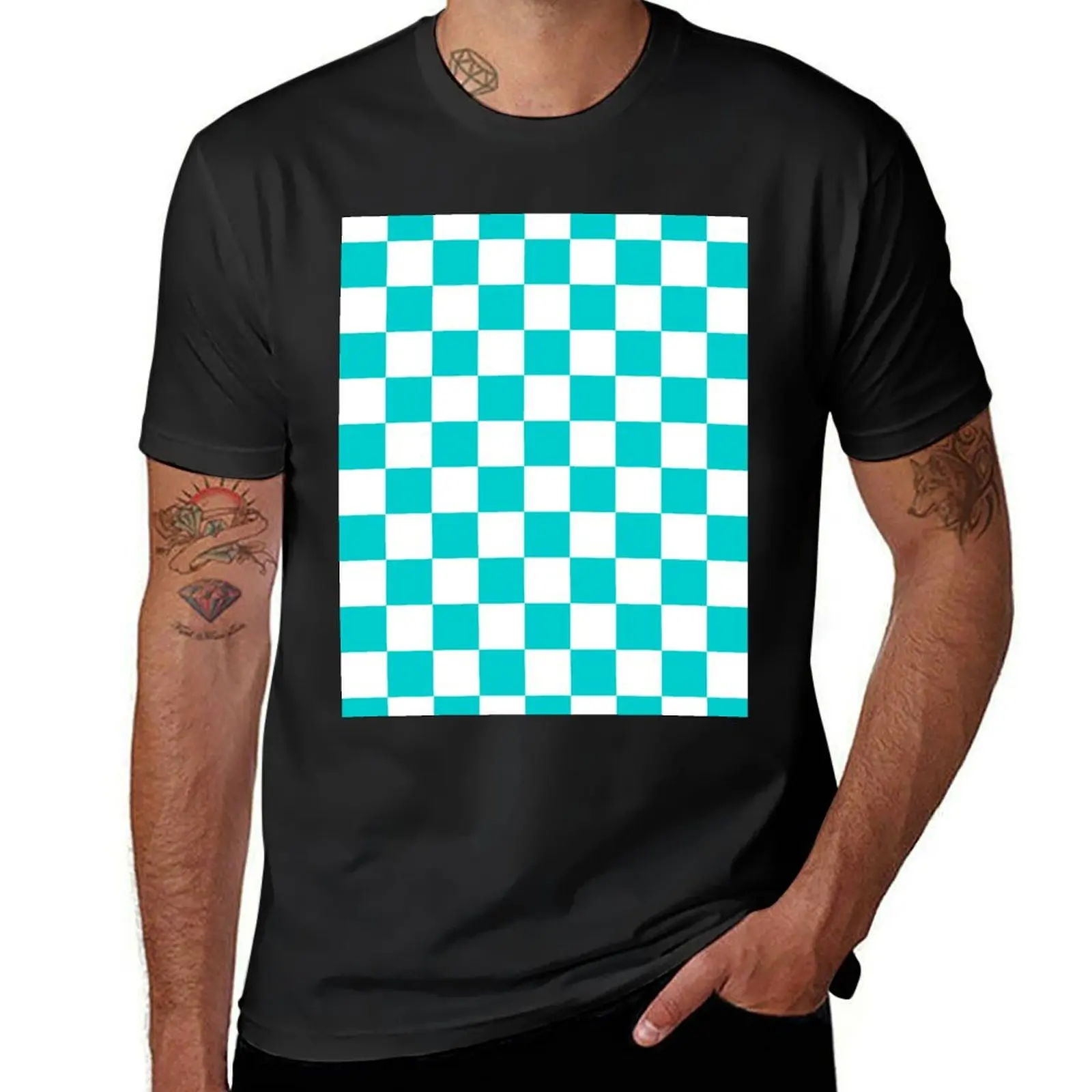 Checkered - White and Cyan T-Shirt heavyweights anime mens t shirts