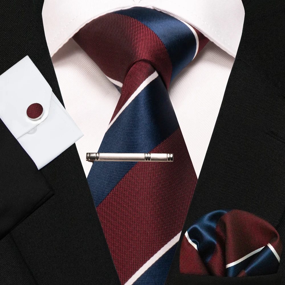 KAMBERFT Neue Klassische Seidenkrawatte für Herren Rot-Gold Gestreift Herrenkrawatte Taschentuch Manschettenknöpfe Set Hochzeit Business Party Gravatas – Detail 37