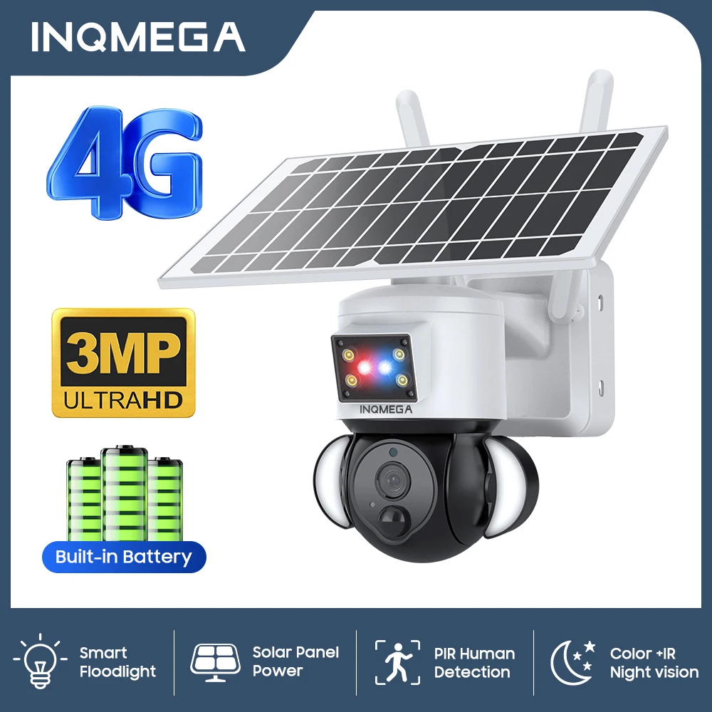 INQMEGA 3MP WiFi / 4G Recharge Battery CCTV Video Surveillance Solar Camera Outdoor Night Vision PTZ IP Camera With Solar Panel