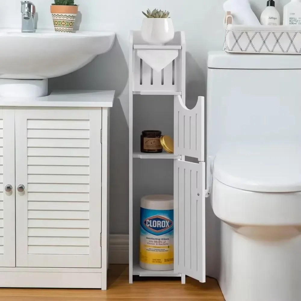 Bathroom Storage Cabinet Toilet Paper Holder Stand With Door Free-Standing Storages Shelfs Small Spaces Corner Organizer shelves image 2