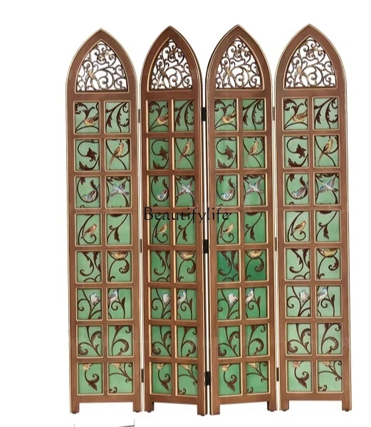 3American rural flower and bird painted folding screen retro green living room blocking glass partition screen four screens