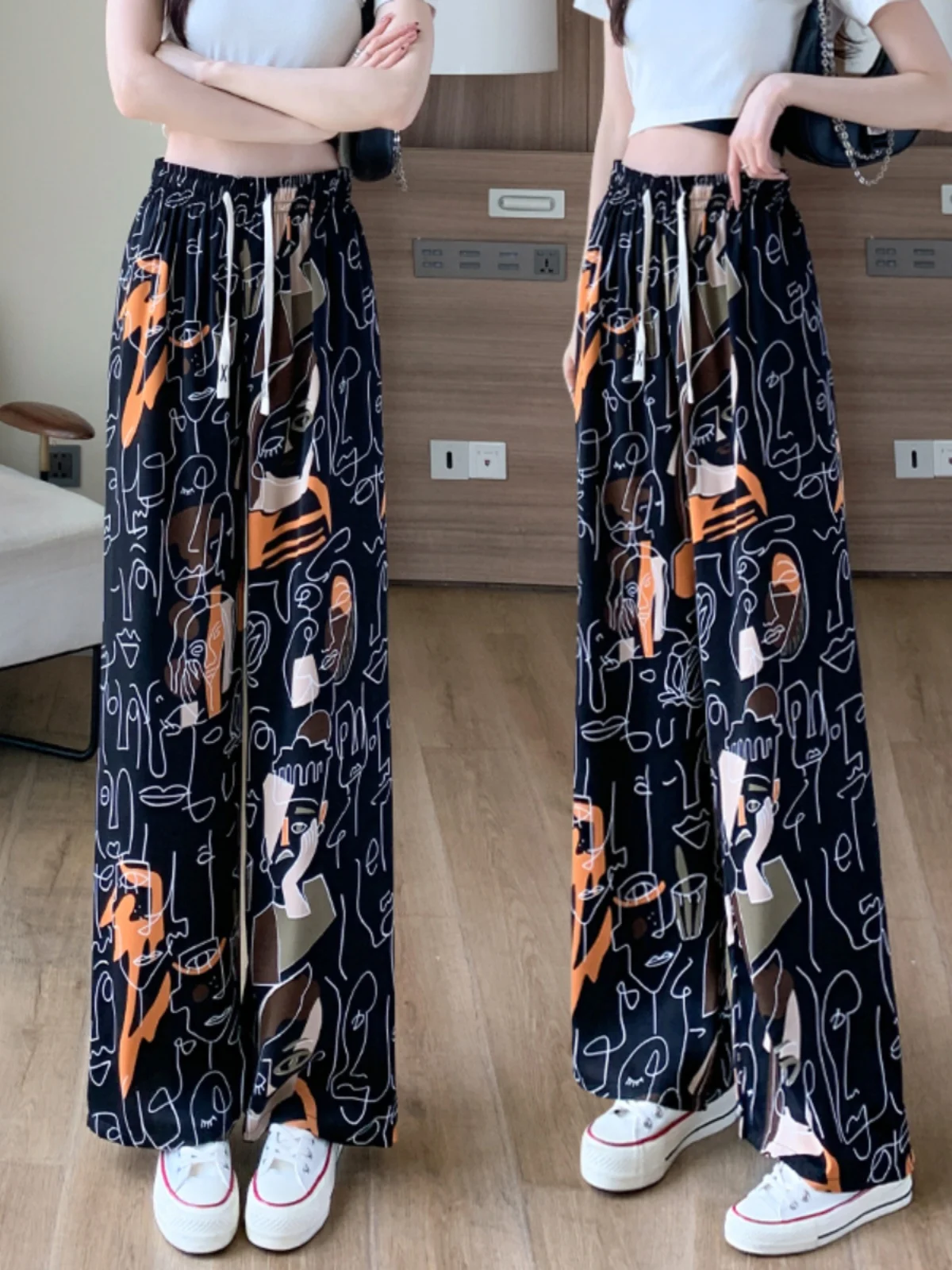 

Женские летние брюки из ледяного шелка с широкими штанинами, новинка, с высокой талией, струящиеся, стройнящие, с охлаждающим эффектом, повседневные, для кондиционированных помещений