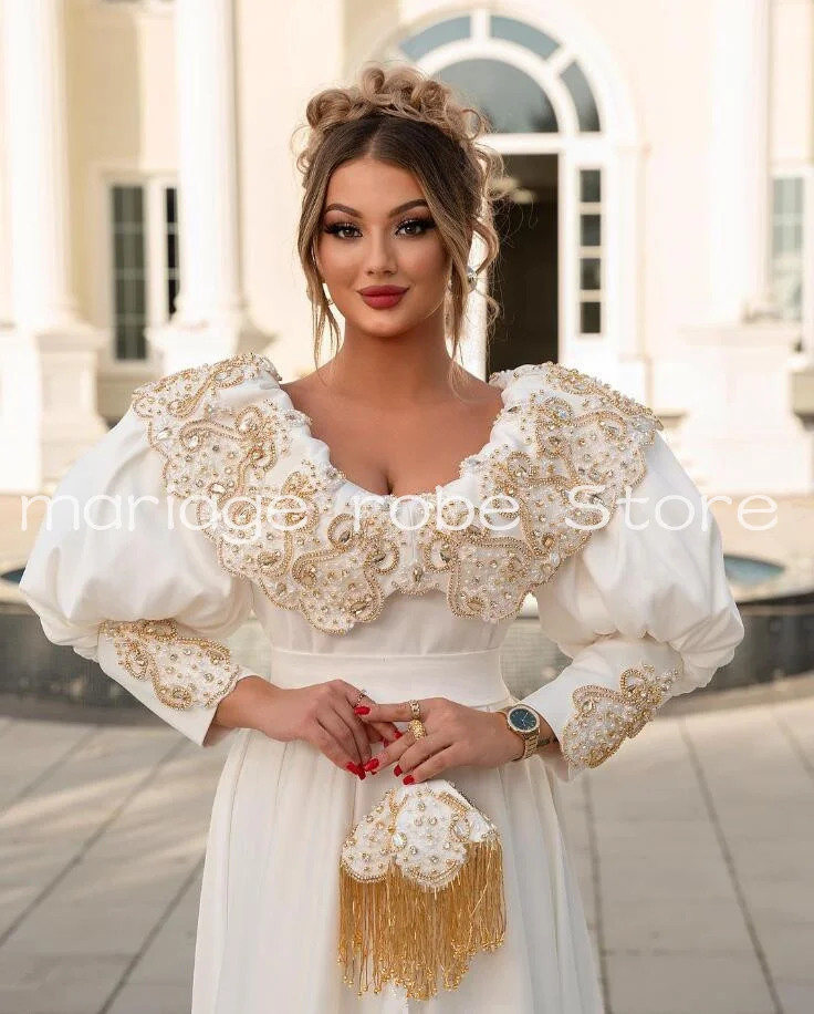 White Robe Long Evening Formal Dress for Women Luxury Pearls Beaded Puffy Long Sleeve Prom Gown albanische Kosovo 2024