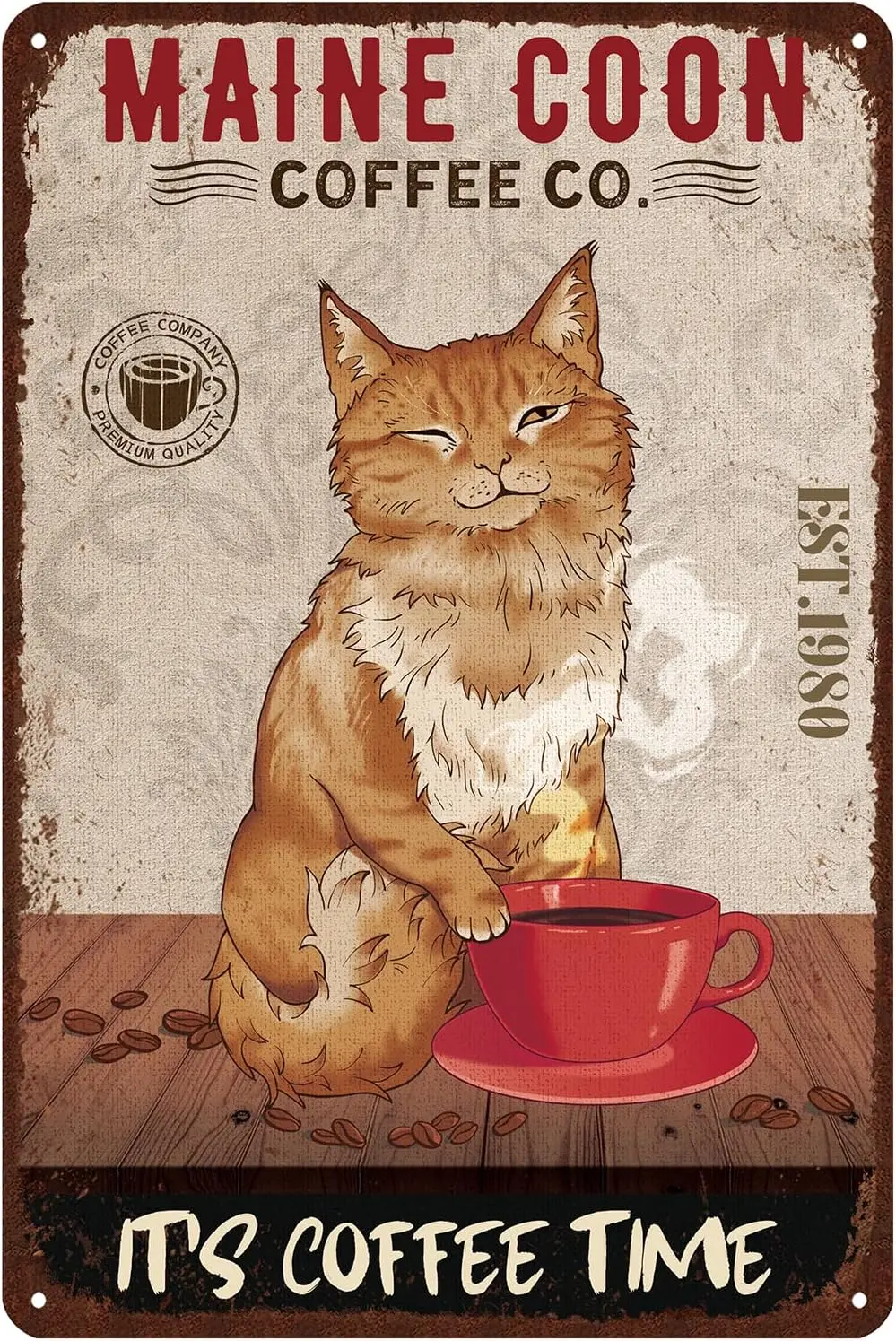 Retro Cat Metal Sign Vintage Coffee Bar Tin Signs  Wall Decor - maine coon coffee. it;s coffee time