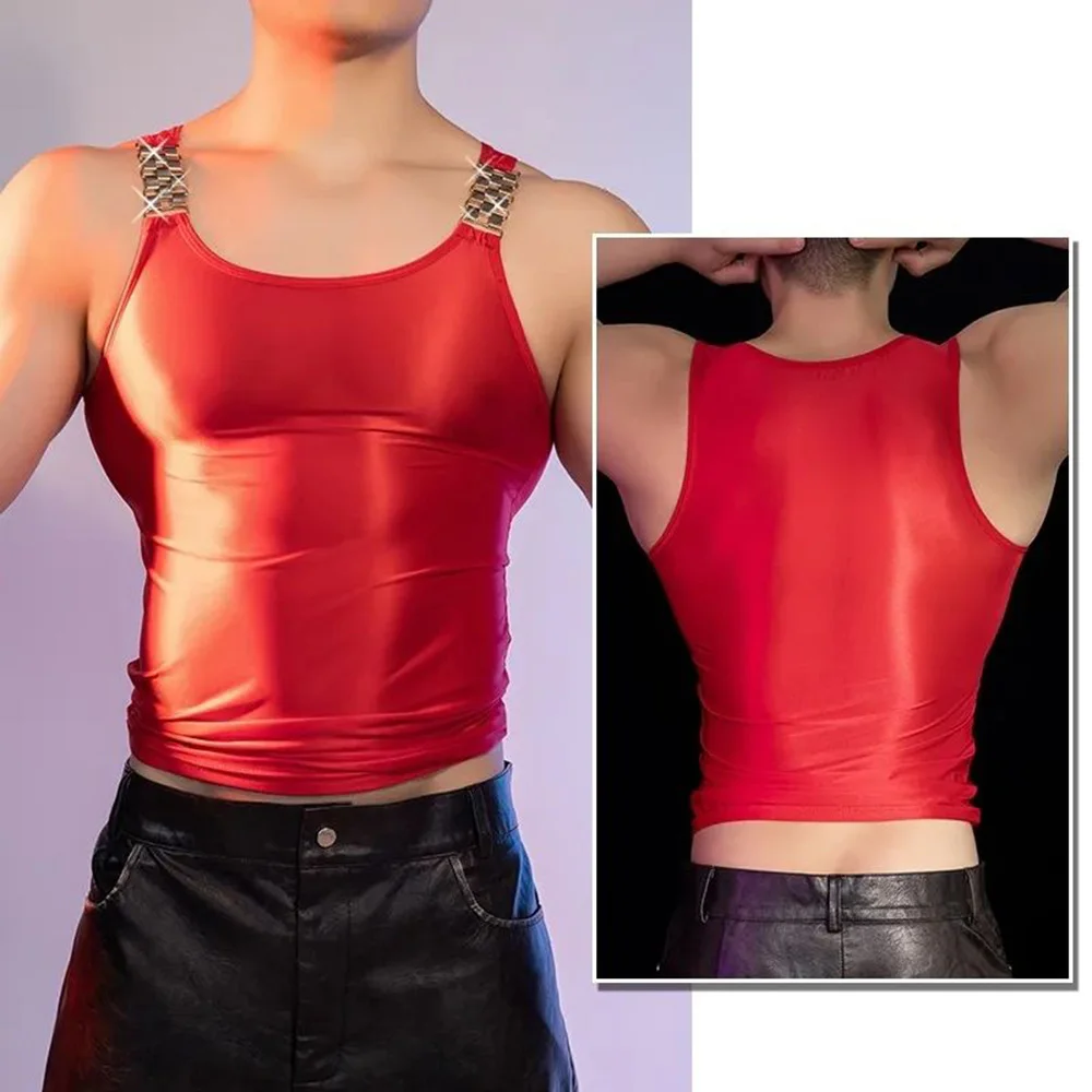 Mens Top Metal Shoulder Straps Semi Transparent Sexy Vest Summer Sports Fitness Thin Shiny Singlet Nightclub Men\'s Clothing 2024