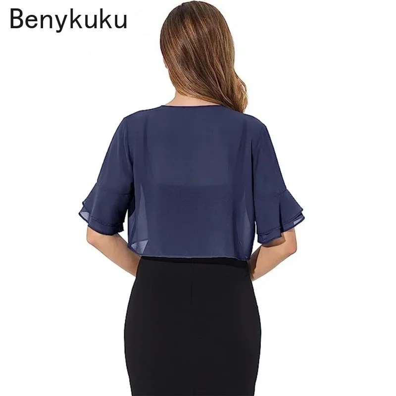 Open Stitch Chiffon Ruffle Sleeve Shrug Cardigan 2024 New Fashion Sheer Bolero Navy Blue Women Cropped Top Cover Up Shawl Coat