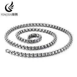Fongten 6/7mm Box Chain Necklace For Women Men Stainless Steel Square Charm Choker Silver Color Men Hip Hop Necklaces Jewelry