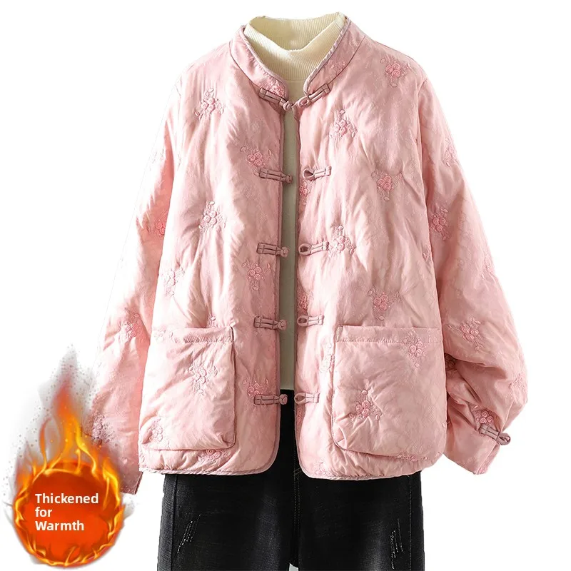 Retro chinesische Sle bestickte Baumwolle Jaet Damen warme Oberbekleidung Stehkragen geknöpft Baumwollmantel Herbst Winter