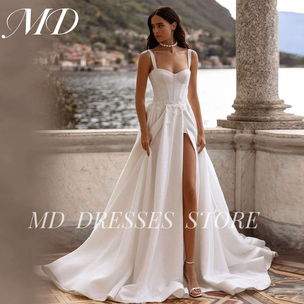 MD 2025 Modern A-line White Wedding Dress Side High Slit Spaghetti Strap Square Collar Bride Gowns vestidos de novia Customized