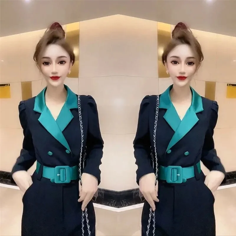 Women Temperament Casual Jumpsuit 2025 Autumn New Fashionable Contrasting Color Waist Slim Suit Collar Western-style Jumpsuit