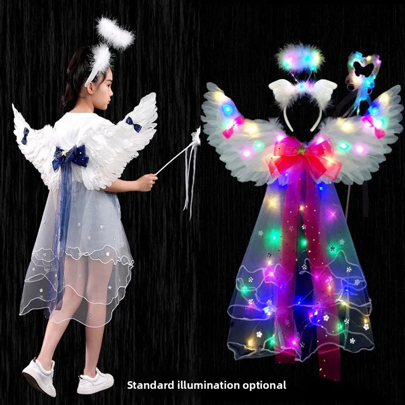 Asas de véu de penas luminosas com luz adulto e criança anjo desempenho adereços loween reunião anual roupa ba decoração