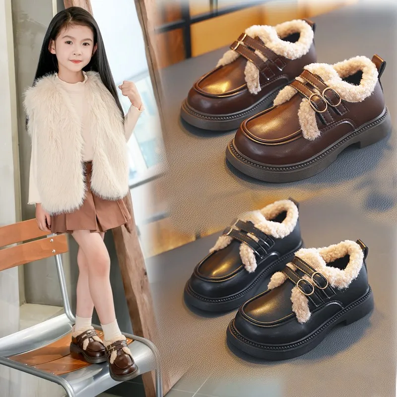 

Детская хлопковая обувь для детей от 2 до 18 лет, новые зимние черные кожаные туфли для мальчиков и девочек, утолщенные мягкие детские лоферы цвета хаки с подкладкой