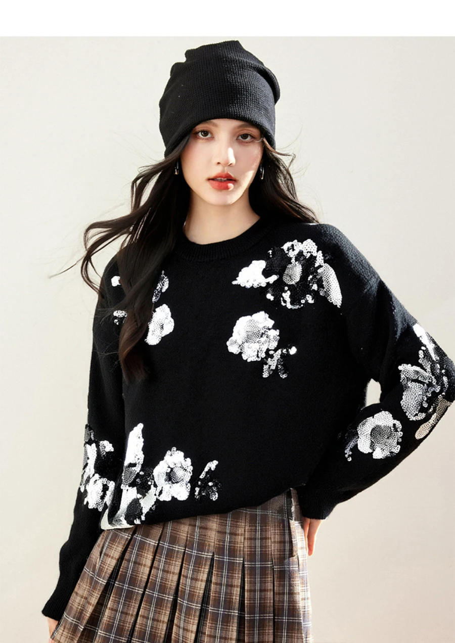 Suéter de punto de manga larga con cuello redondo para mujer, diseño Floral, lentejuelas con cuentas, Top elegante para otoño e invierno